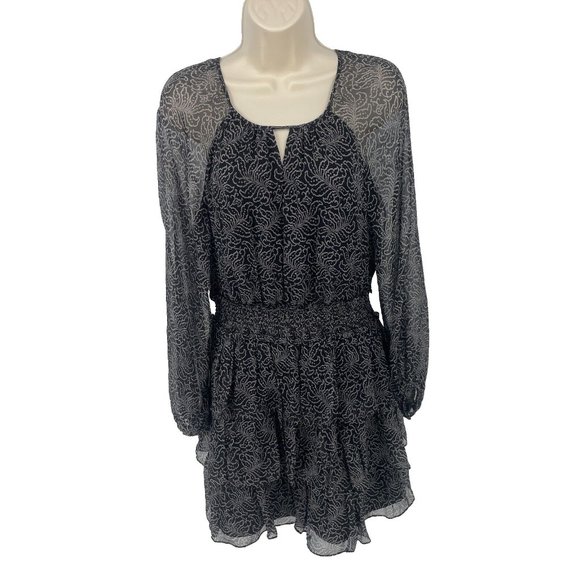 cinq a sept Black Mini Dress Sz 6 Tiered Print Silk Long Sleeve Smocked Babydoll - Picture 3 of 16